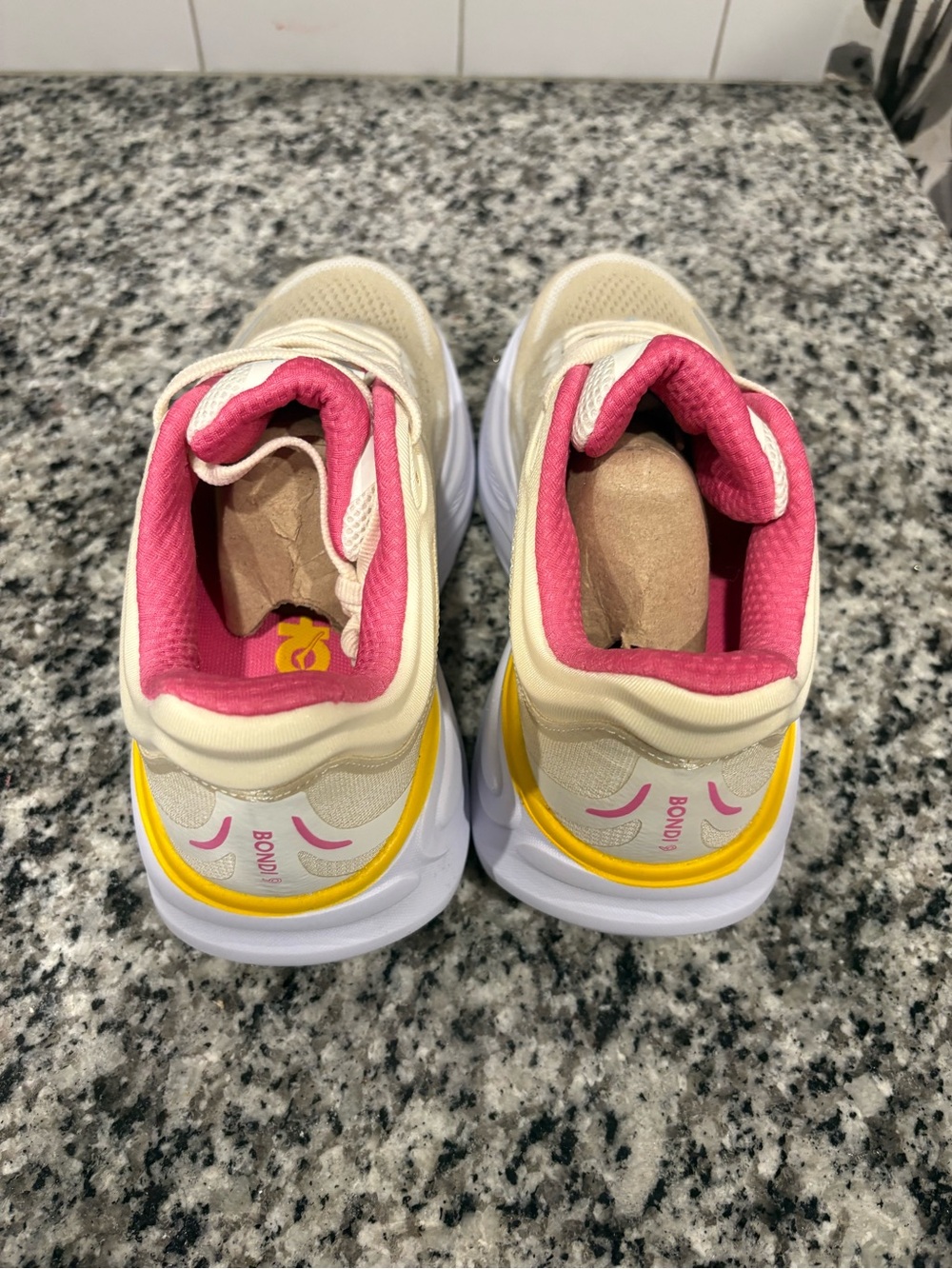 Hoka Bondi 9 Cream Pink Yellow Blue Women's Sneakers - Picture 13 of 15